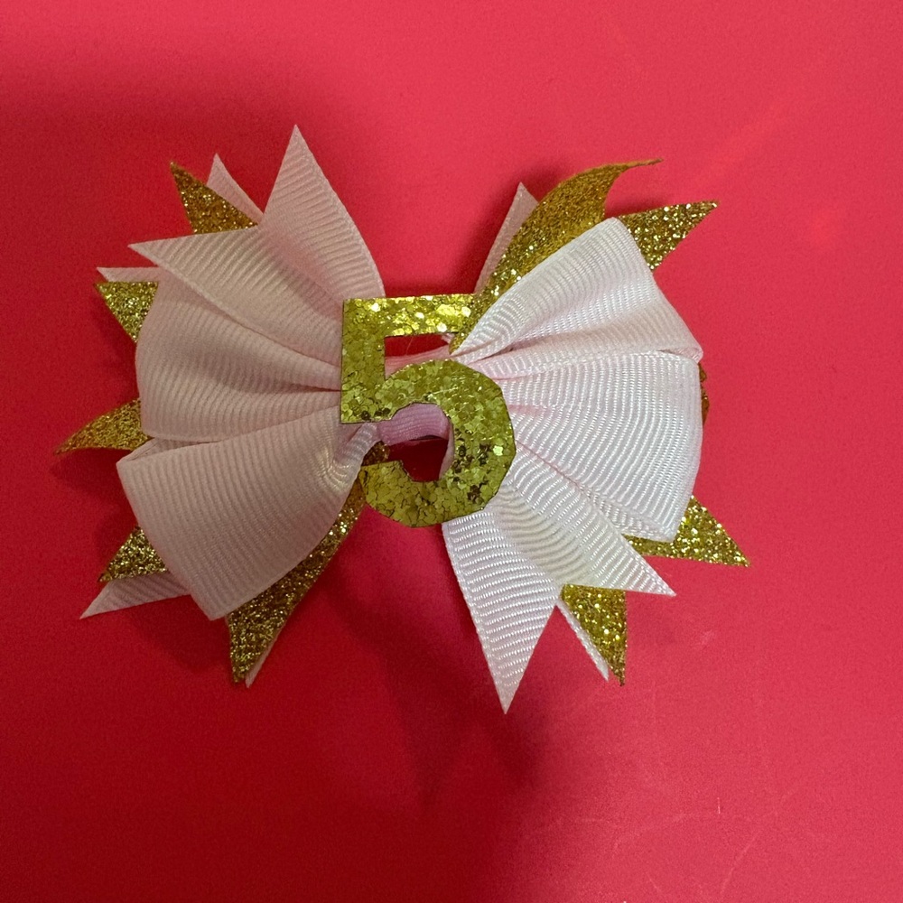 EUC girls birthday 5 five gold hair alligator clip bow